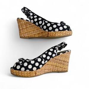 Y2K Vintage Bongo Wedges Polka Dot Bow Accent Twee Boho Woven